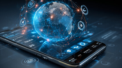 Communication Technology Background. Smartphone with globe hologram. Icons social network
