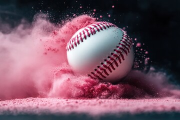 Baseball Hitting Pink Powder Explosion on Dark Background.