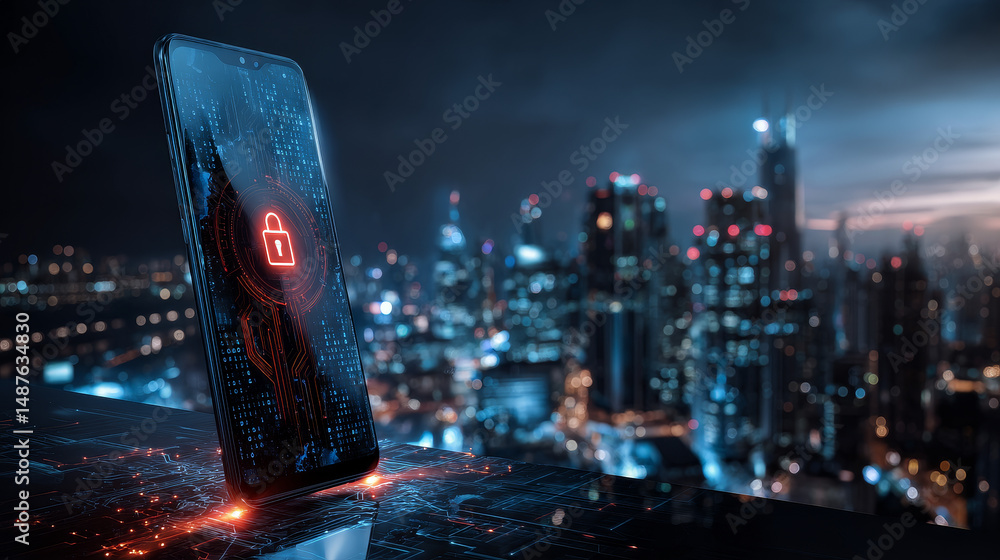 Poster smart phone connection with a smart city. the icon lock on the mobile phone screen. smart city. mobi