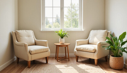 Fototapeta premium Cozy living room with two armchairs and a coffee table by the window 