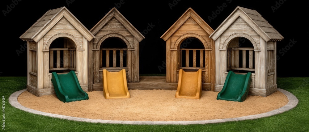 Poster playful and colorful playground setup featuring three distinct wooden playhouses and various slides 