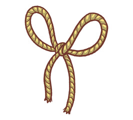 Hand-drawn rope bow with knot in cute cartoon style, rustic decorative element for gift wrapping, isolated on white background