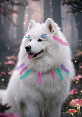 White dog with feathers in magical forest