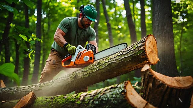 Lumberjack using a chainsaw to cut large tree logs in a dense green forest during daytime, wearing safety gear and protective helmet

