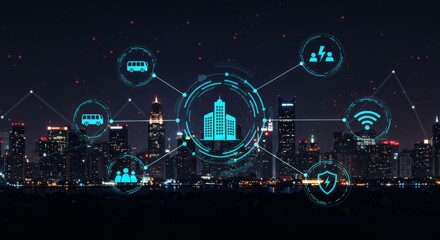 Smart city at night with interconnected systems