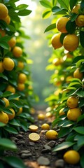 Path of fallen lemons amidst abundant fruit trees