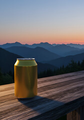 Golden can on wooden railing, mountain vista
