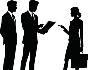 Vector silhouette of two businesspeople standing and discussing a document or report, one pointing at paper, clean black vector on white background, professional office scene