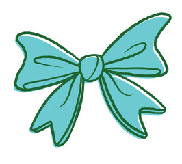 Hand-drawn turquoise bow in cute cartoon style, decorative ribbon element for celebration design, isolated on white background
