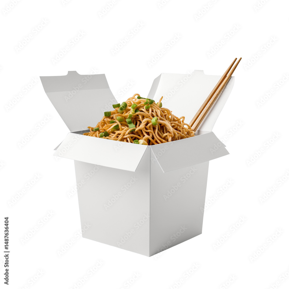 Poster noodles in a white takeout container with chopsticks on transparent background