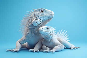 Fototapeta premium Two white iguanas resting on a blue background, showcasing their unique features and textures
