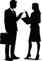 Vector silhouette of two businesspeople standing and discussing a document or report, one pointing at paper, clean black vector on white background, professional office scene