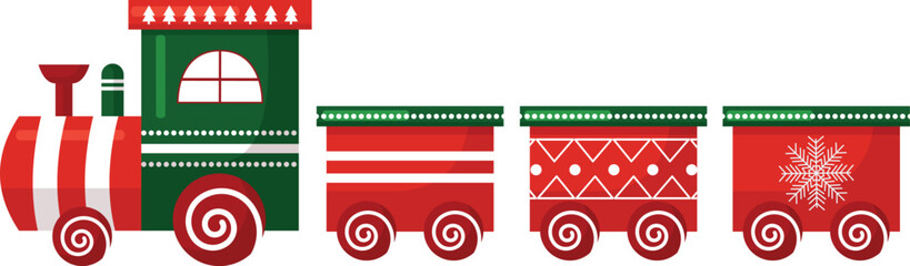 Vector christmas cartoon red train toy isolated on white background. Clipart for christmas greeting card, postcard
