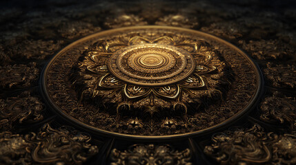 Abstract golden ornament design in circular layout, soft surface underneath