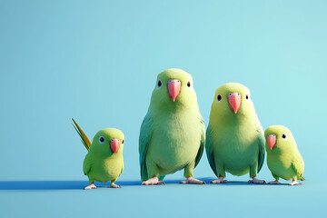 Four Vibrant Green Parrots Varying