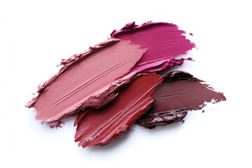 A close-up view of multiple lipstick swatches smeared on a pristine white surface, revealing the variety of finishes from glossy to matte. Each swatch is distinct, showcasing a range of bold colors