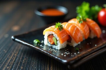Elegant sushi arrangement, dark wood background, photography, texture, sushi