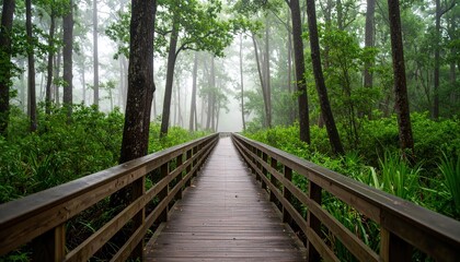 Fototapeta premium Misty forest wooden pathway surrounded by dense greenery in morning fog