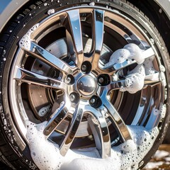 Close-up of shiny car wheel with soap suds