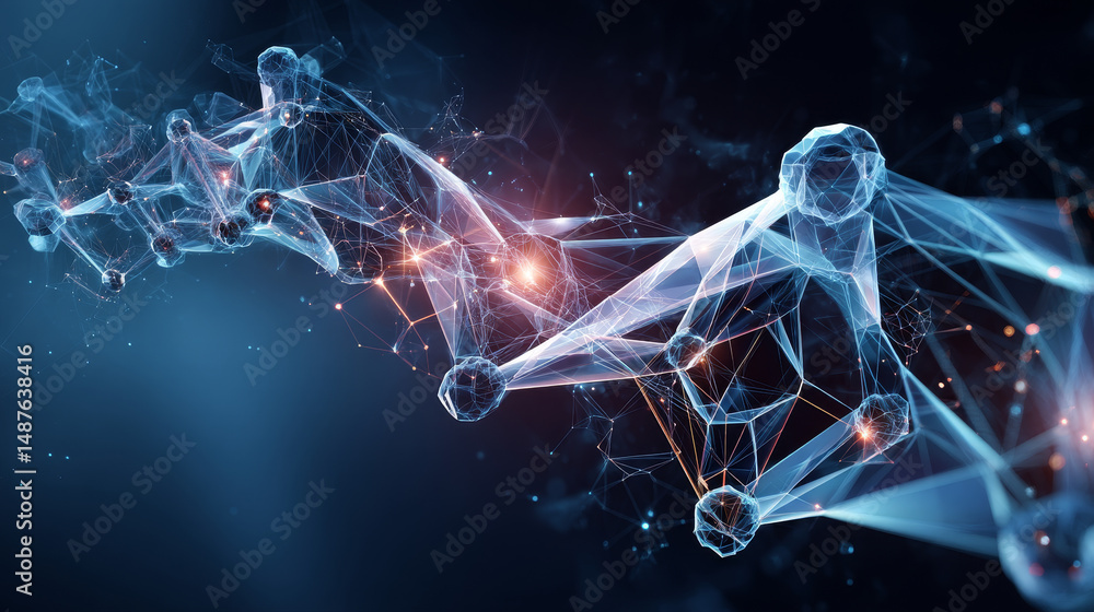 Poster molecular structure form lines, triangles and particle style design. illustration vector