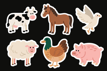 Farm Animals Cartoon Stickers Set Cow, Chicken, Duck, Horse, Pig, Sheep, Bird, Goose	