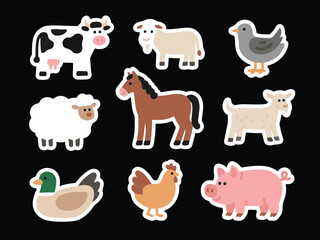 Farm Animals Cartoon Stickers Set Cow, Chicken, Duck, Horse, Pig, Sheep, Bird, Goose	