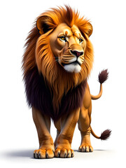 Fototapeta premium A regal lion with a flowing golden mane stands prominently against a pristine white backdrop.