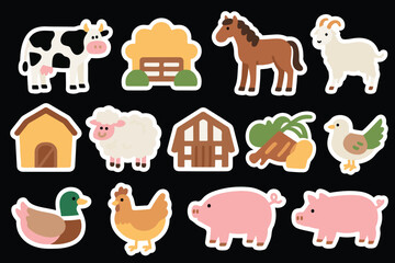 Farm Animals Cartoon Stickers Set Cow, Chicken, Duck, Horse, Pig, Sheep, Bird, Goose	