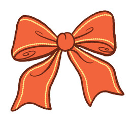 Bright orange bow with decorative stripes, hand-drawn cartoon style. Playful ribbon design isolated on white background