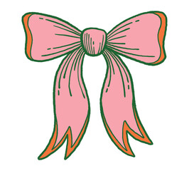 Hand-drawn pink bow with orange outline in cute cartoon style, decorative ribbon for festive designs, isolated on white background