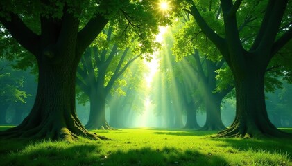 Obraz premium Giant trees, dappled sunlight filtering through, growth, habitat, dense