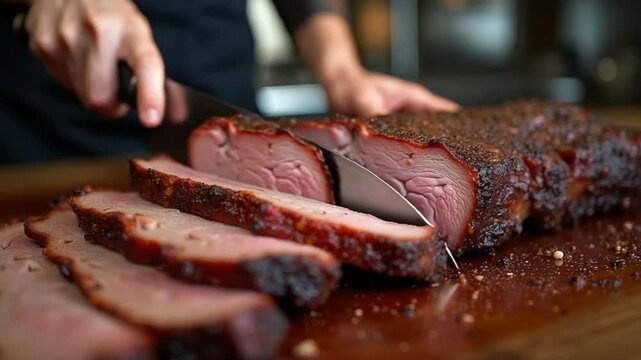 cut smoked meat Chef slices tender moist lean Texas beef brisket with precision, Pitmaster cuts perfectly smoked barbecue brisket portions for plates, slow motion close up 4K