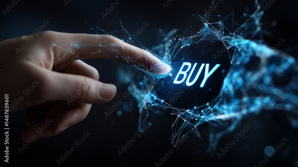 Poster hand touching buy button from lines, triangles and particle style design. illustration vector