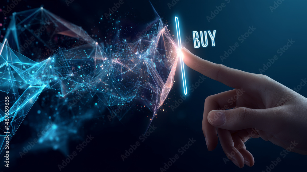 Poster hand touching buy button from lines, triangles and particle style design. illustration vector