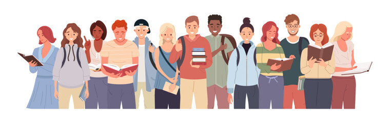 Obraz premium Group of diverse college students with backpacks and books. Young classmates in casual clothes standing together 