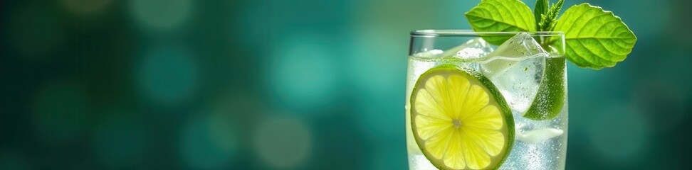 Refreshing gin and tonic cocktail with ice and lime , ice, gin