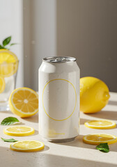 Lemonade can surrounded by lemon slices