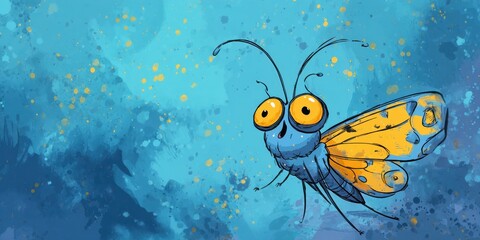 Fototapeta premium A whimsical, blue insect with yellow accents against a textured backdrop.