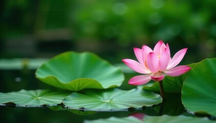 Serene pond, single lotus bloom, lush green leaves, tranquil scene , meditation, zen, natural