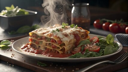 Hot Steaming Lasagna with Cheese and Tomato Sauce Served with Fresh Salad on Plate