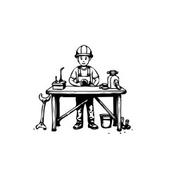 Engaging hand-drawn illustration of a young artisan at work on a workbench