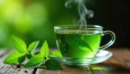 Steaming green mint tea in elegant glass cup Close-up , glass cup, vibrant