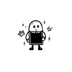 Whimsical cartoon character with crown and sparkling details in black and white