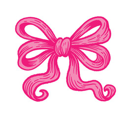 Bright pink curly ribbon bow in engraving handdrawn style, cartoonish and playful look, isoleted on white background