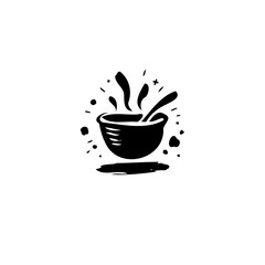 Stylized monochrome bowl of food illustration with steam and spoon graphic