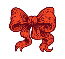 Bright red ribbon bow in vintage engraving style with textured shading. Handdrawn clipart. Isolated on white background