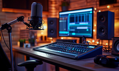 Podcast recording setup home studio audio equipment cozy atmosphere close-up view creative space for content creation