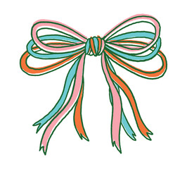 Bright colorful hand-drawn bow with long multicolor ribbons in cartoon doodle style, playful design, isolated on white background