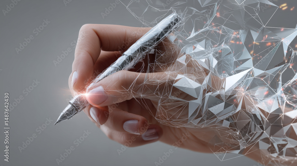 Poster hand holding a pen. low polygon line, triangles, and particle style design. abstract geometric wiref