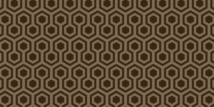 Vintage-style seamless hexagonal geometric pattern in brown and orange tones, ideal for wallpapers, textiles, and retro design themes.